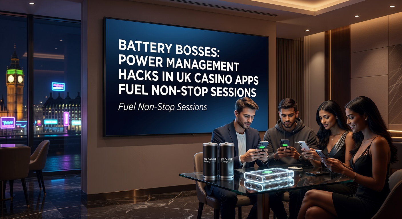 Mobile phone displaying a vibrant UK casino app interface with a prominent battery optimization indicator overlay, highlighting extended playtime features