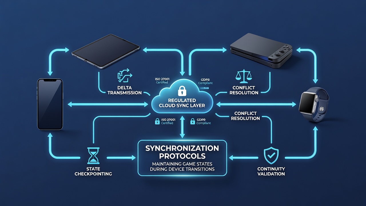 Illustration of cross-device casino session continuity using synchronization protocols