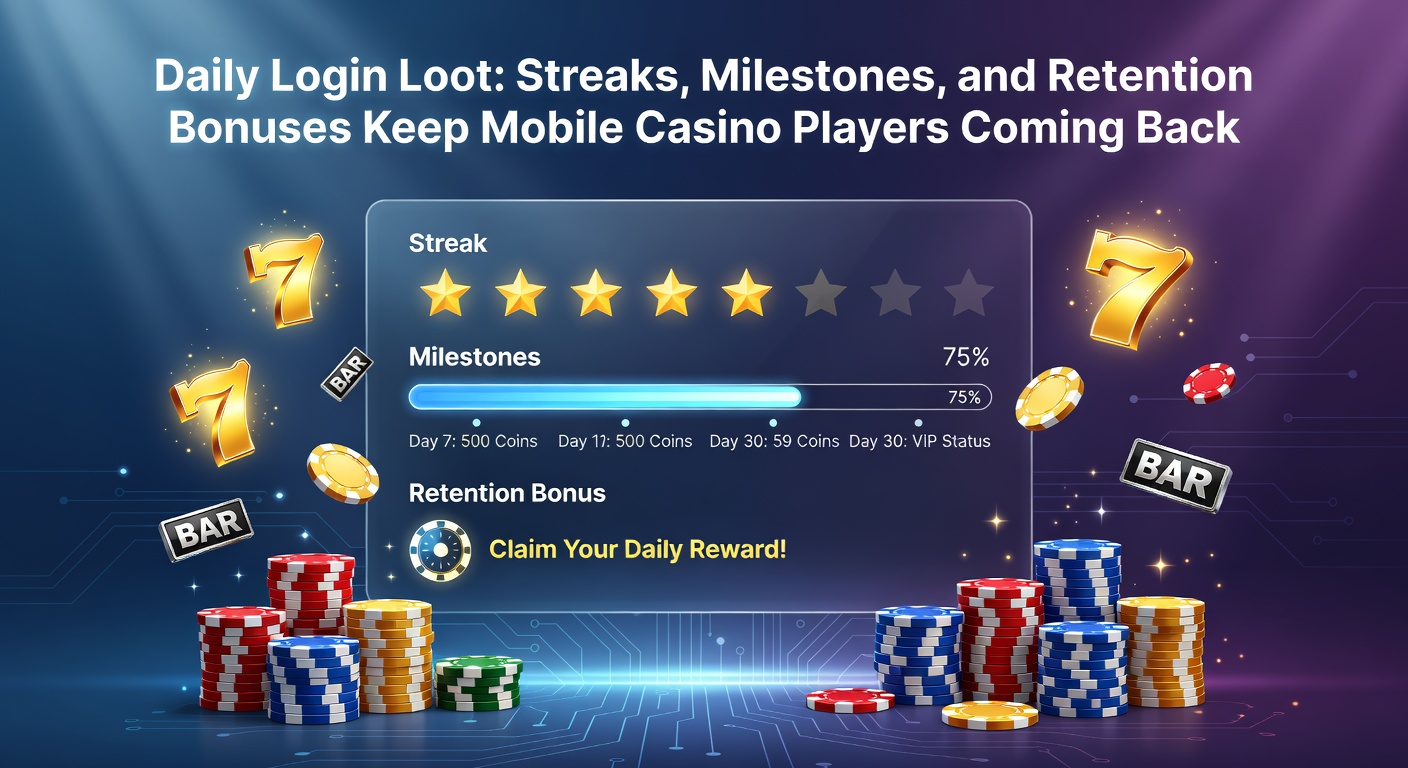 Mobile phone screen displaying a daily login reward popup with streak counter and bonus coins in a vibrant casino app interface
