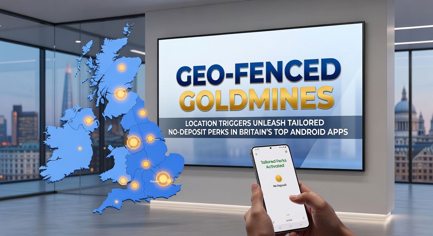 Screenshot montage of casino app notifications showing location-triggered no-deposit bonuses, including free spins and cash credits on iOS and Android devices