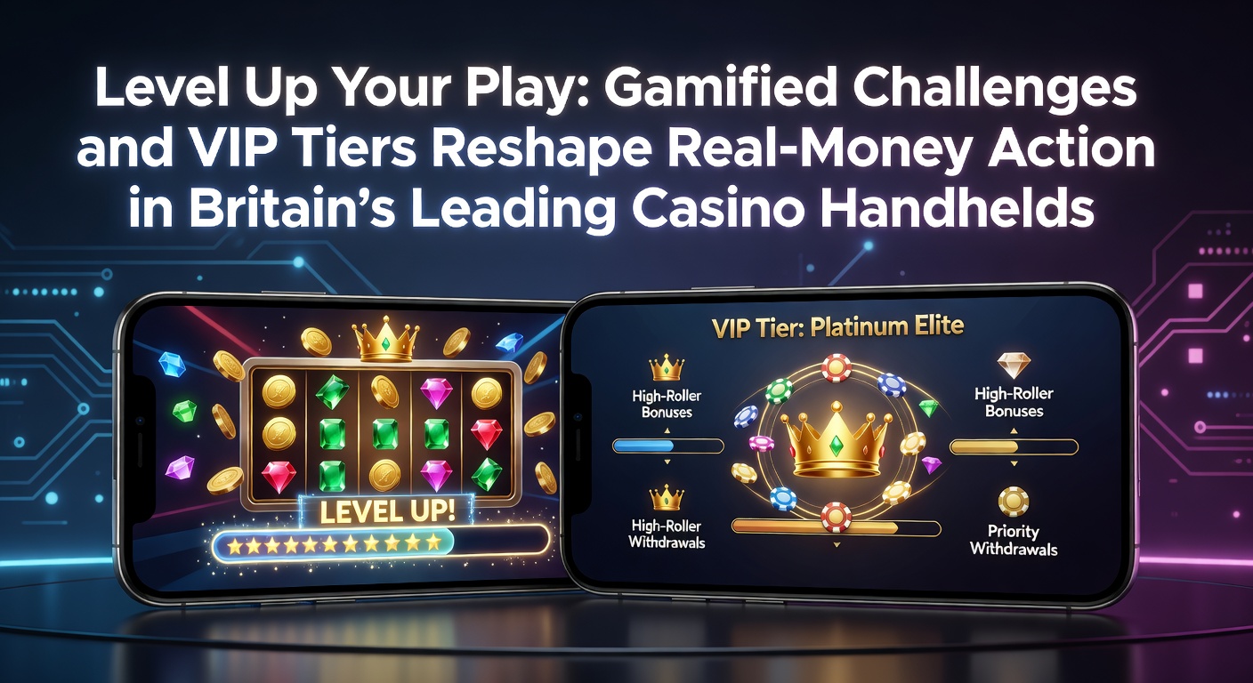 Mobile phone screen displaying a casino app with gamified progress bar and VIP badge in a vibrant casino-themed interface