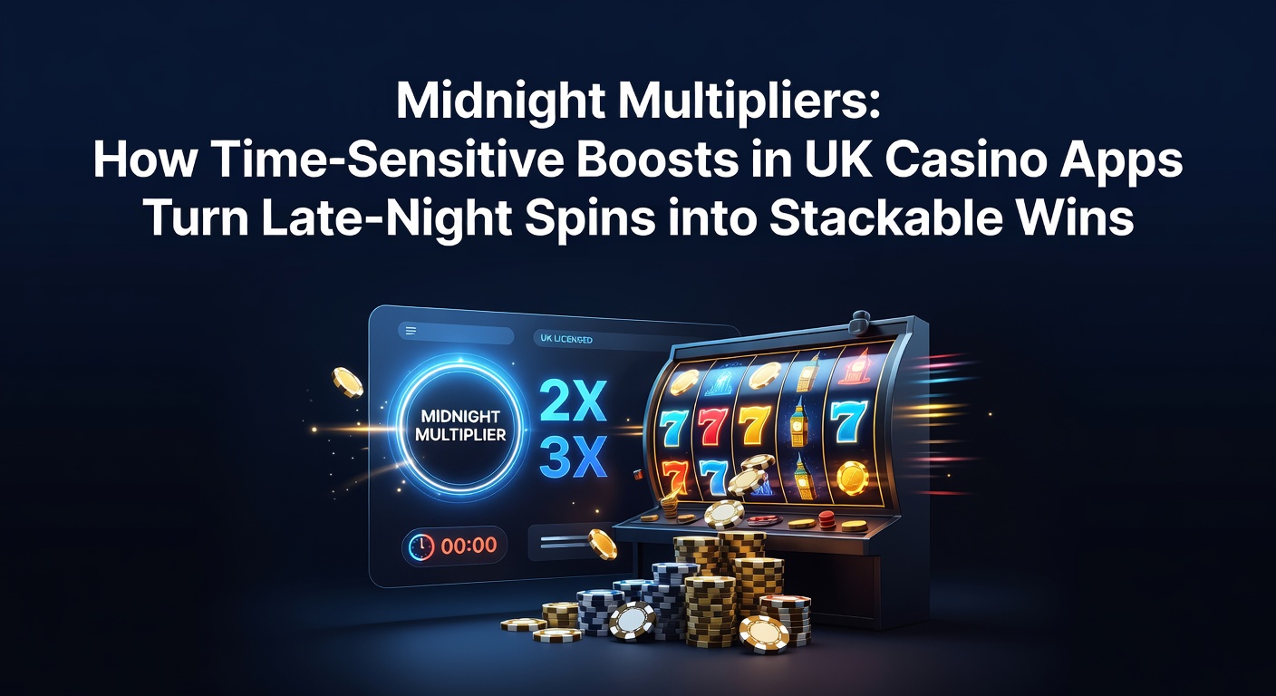 Vibrant screenshot of a UK casino app displaying a midnight multiplier boost activating during late-night spins, with glowing stackable win counters