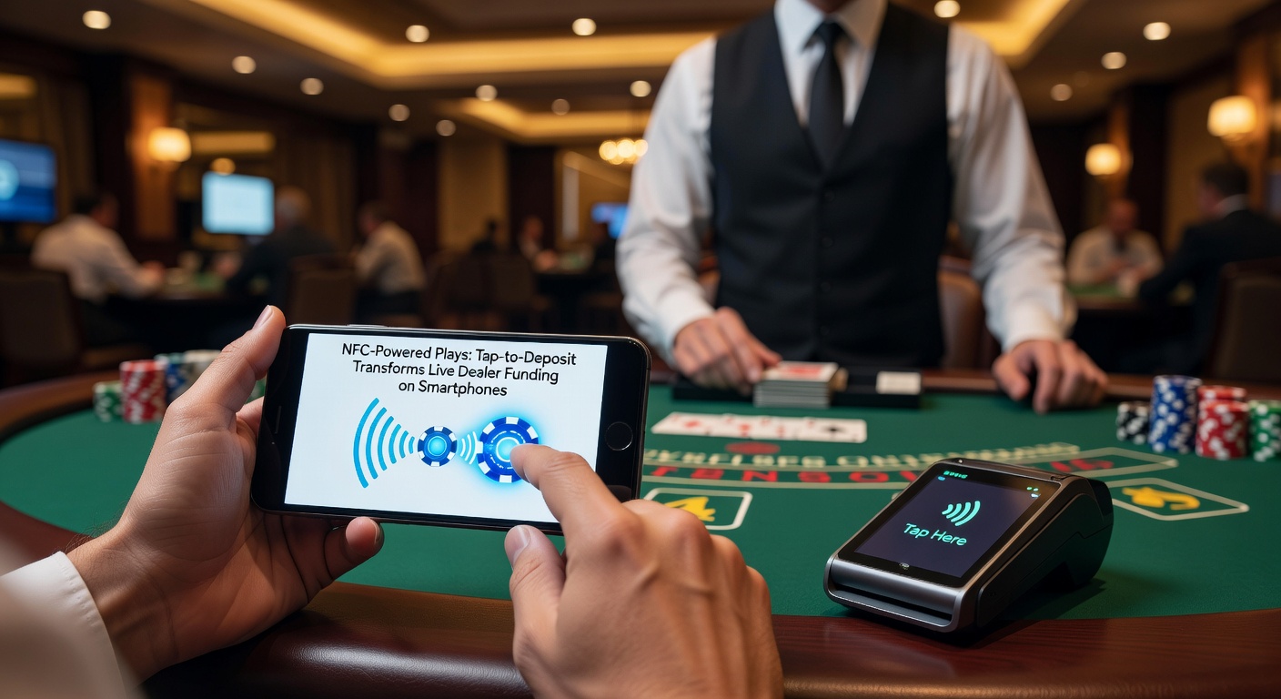 Close-up of a hand tapping a contactless card to a smartphone screen during live dealer poker funding