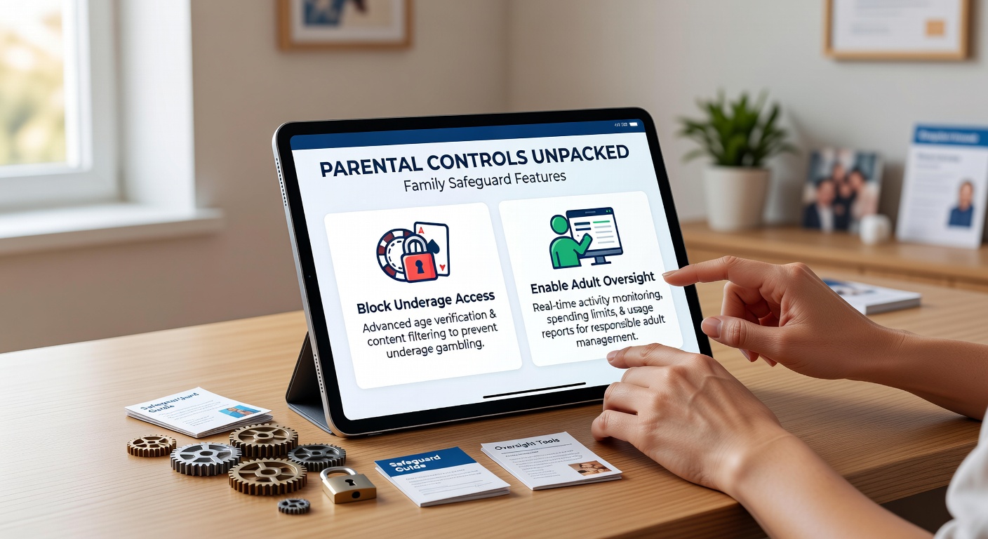 Family sharing a tablet device with casino app safeguards visible on screen, highlighting age gates and parental PIN prompts