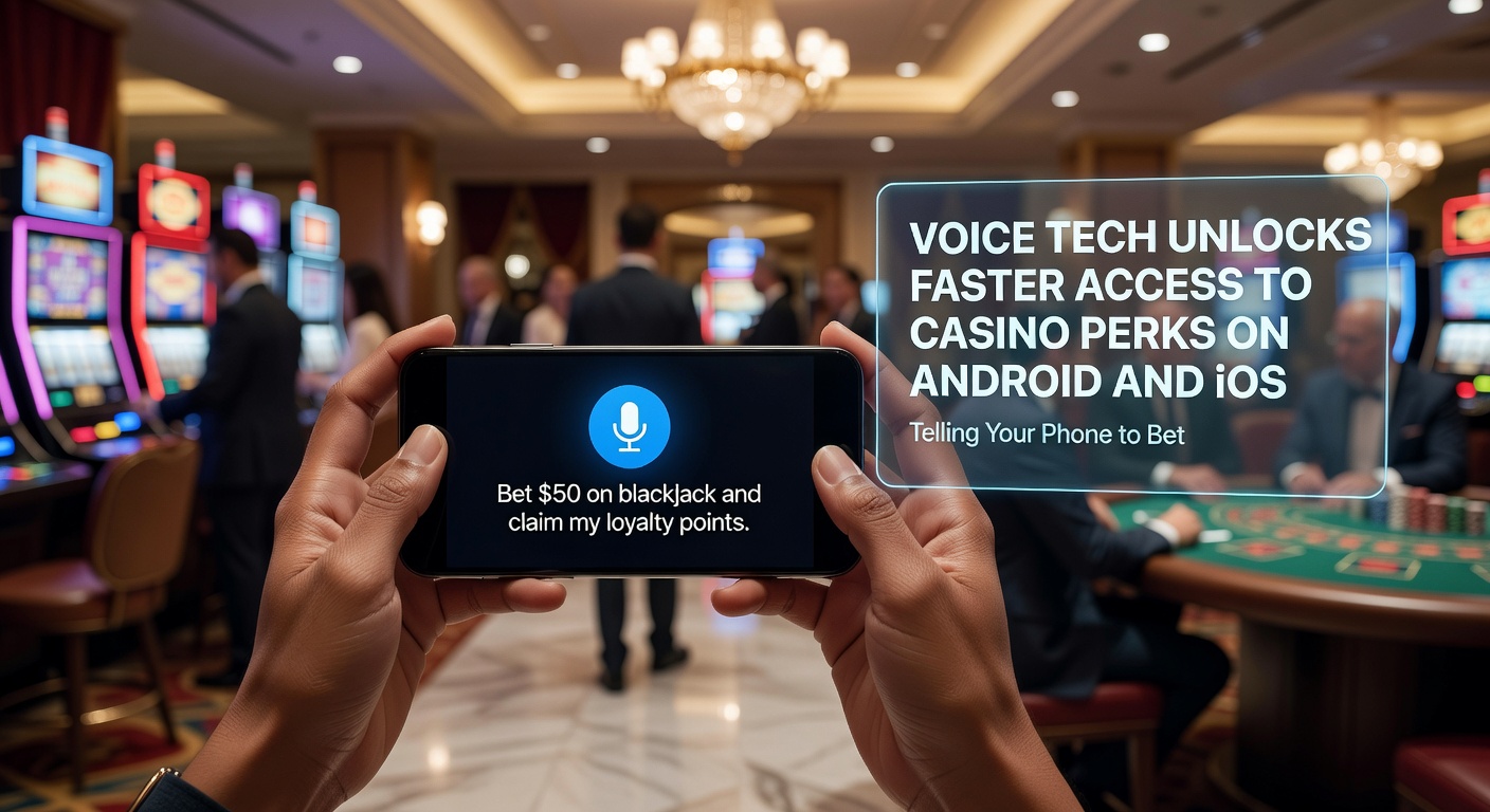 Smartphone displaying a casino app interface with voice command overlay, highlighting quick access to betting perks on Android and iOS devices