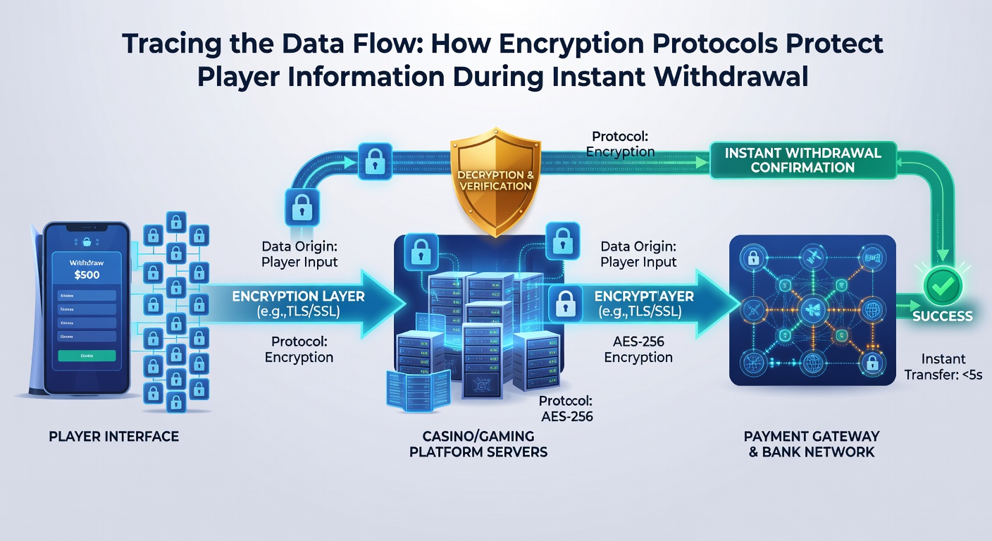 Diagram showing encrypted data packets moving through casino network infrastructure between different user devices
